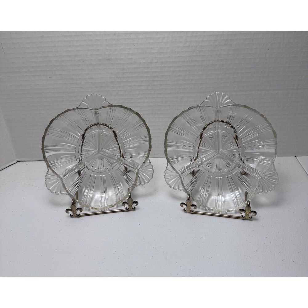 Hazel-Atlas Clear Depression Glass Divided Ribbed Dish Fan Handles Set Of 2